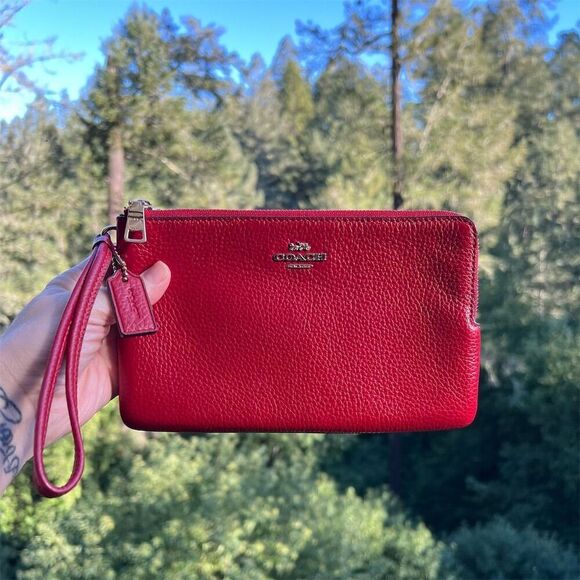 Coach Handbags - COACH Double Zip Wristlet Phone Wallet Red Pebble Leather Gold Hardware AUTHNTC